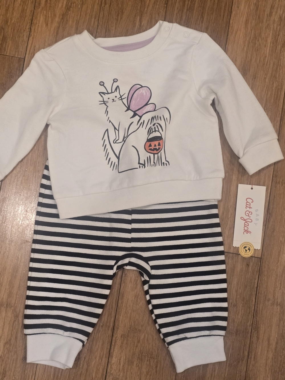 Cat & Jack White Top and Black-White Striped Pajama Set with Pink Accent - Kids